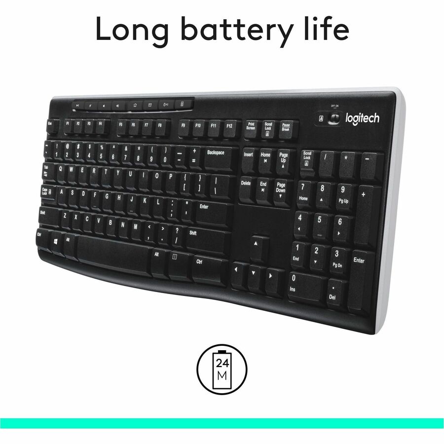 Logitech K270 Keyboard - Wireless Connectivity - RF - 33 ft - 2.40 GHz - USB Interface - Computer - PC - AAA Battery Size Supported - Black