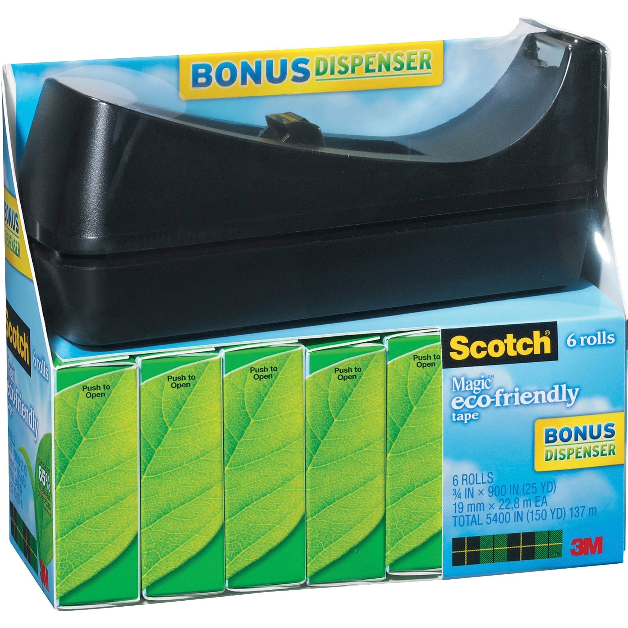 Scotch Eco-friendly Magic Tape - 25 yd Length x 0.75" Width - 1" Core - Matte - Clear - Dispenser Included - Desktop Dispenser - For Multipurpose - 6 / Pack