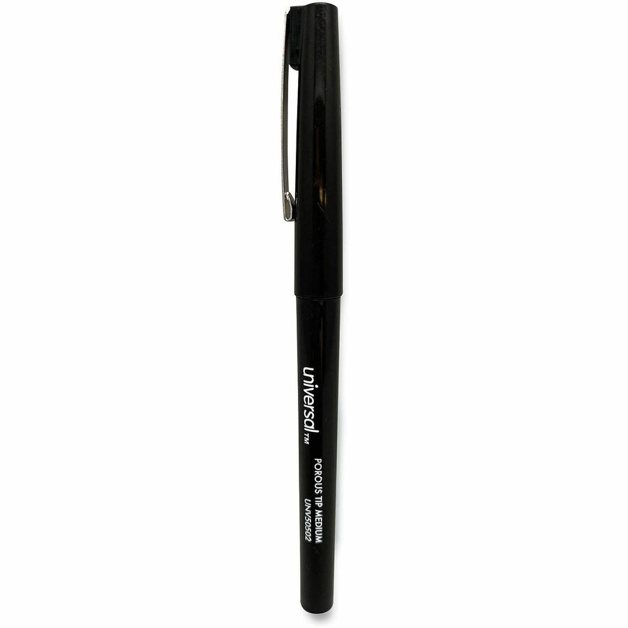 Universal Porous Point Pen, Stick, Medium 0.7 mm, Black Ink, Black Barrel, Dozen - 0.7 mm Medium Bullet Pen Point - Black Ink - Liquid - Black Barrel - 1 Dozen