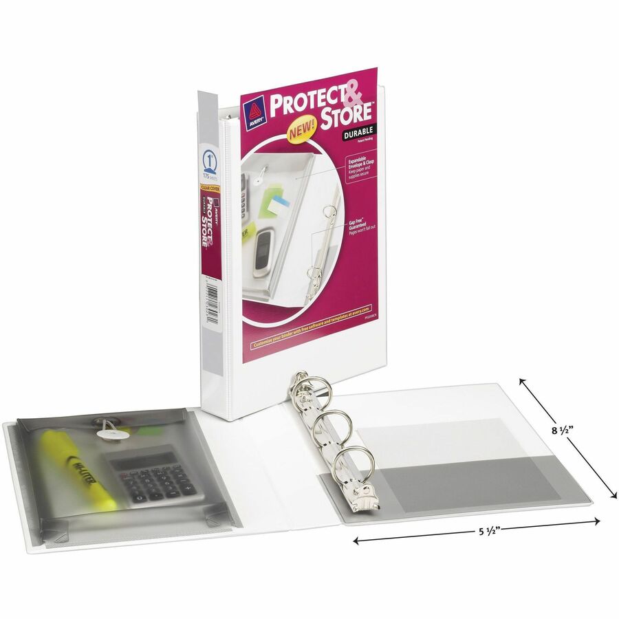 Avery 1" Mini Durable View Protect & Store Binder, White, 175 Sheets - Avery® Mini Durable View Protect & Store(TM) Binder, 1" Round Rings, 175-Sheet Capacity, 5-1/2" x 8-1/2" , White (23011)