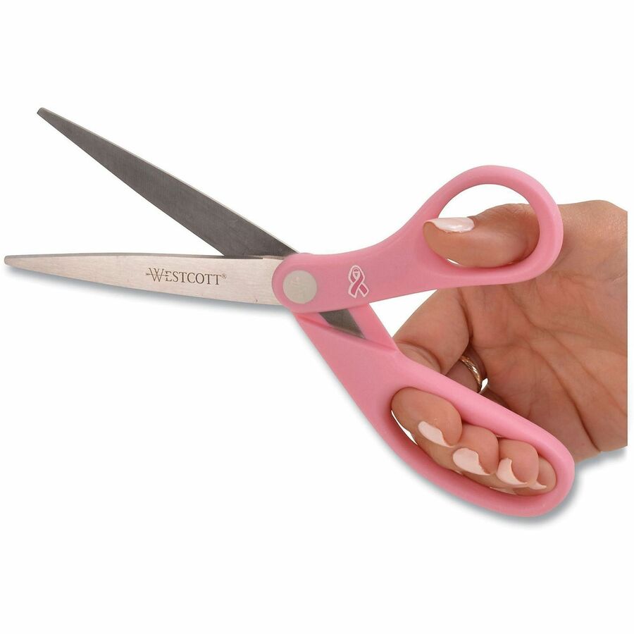 Westcott 8" Breast Cancer Awareness Straight Scissors - 8" Overall Length - Straight-left/right - Stainless Steel - Pink - 1 Each