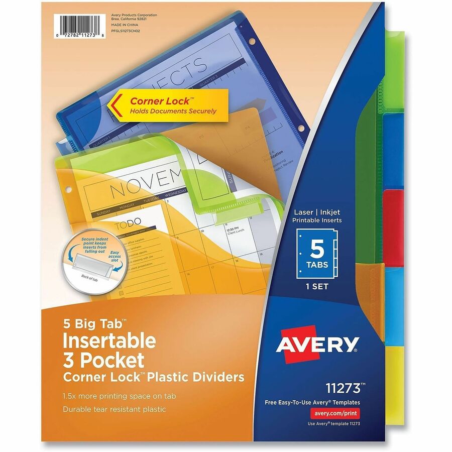 Avery® Big Tab Tab Divider - 5 x Divider(s) - 1/5 - 5 - 5 Tab(s)/Set - 9.3" Divider Width x 11.25" Divider Length - 3 Hole Punched - Multicolor Plastic Divider - Multicolor Plastic Tab(s) - Insertable, Hole-punched, Customizable, Durable, Tear Resi...