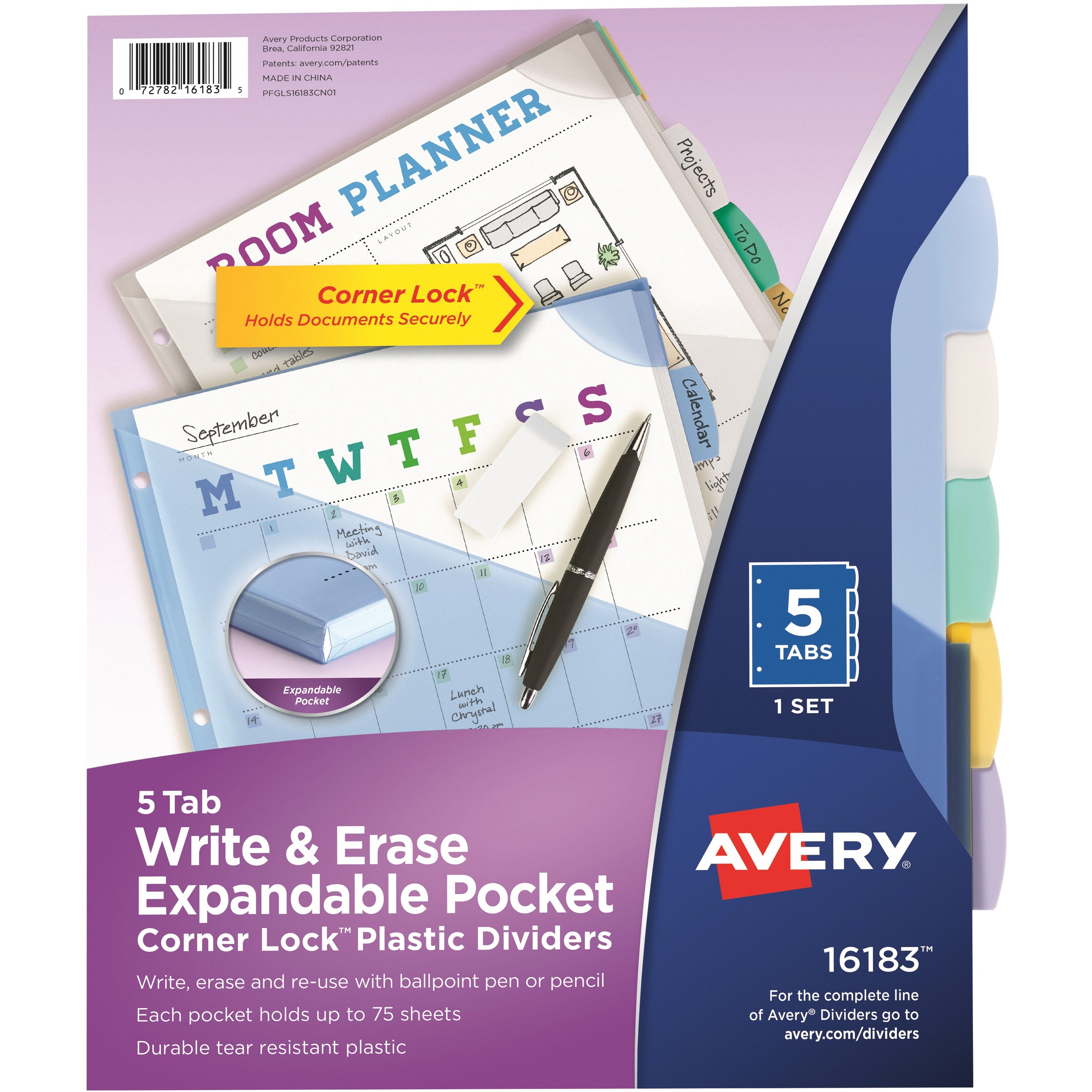 Avery® Corner Lock Write & Erase Plastic Dividers with Expandable Pockets - 5 x Divider(s) - 5 Write-on Tab(s) - 1/5 - 5 - 5 Tab(s)/Set - 9.3" Divider Width x 11.25" Divider Length - 3 Hole Punched - Multicolor Plastic, Translucent Divider - Multic...