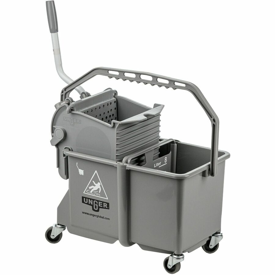 Unger Dual Compartment Mop Buckets - 4 gal - Ergonomic Design, Dual Bucket, Light Weight, Caster - Plastic - Gray - 1 / Carton