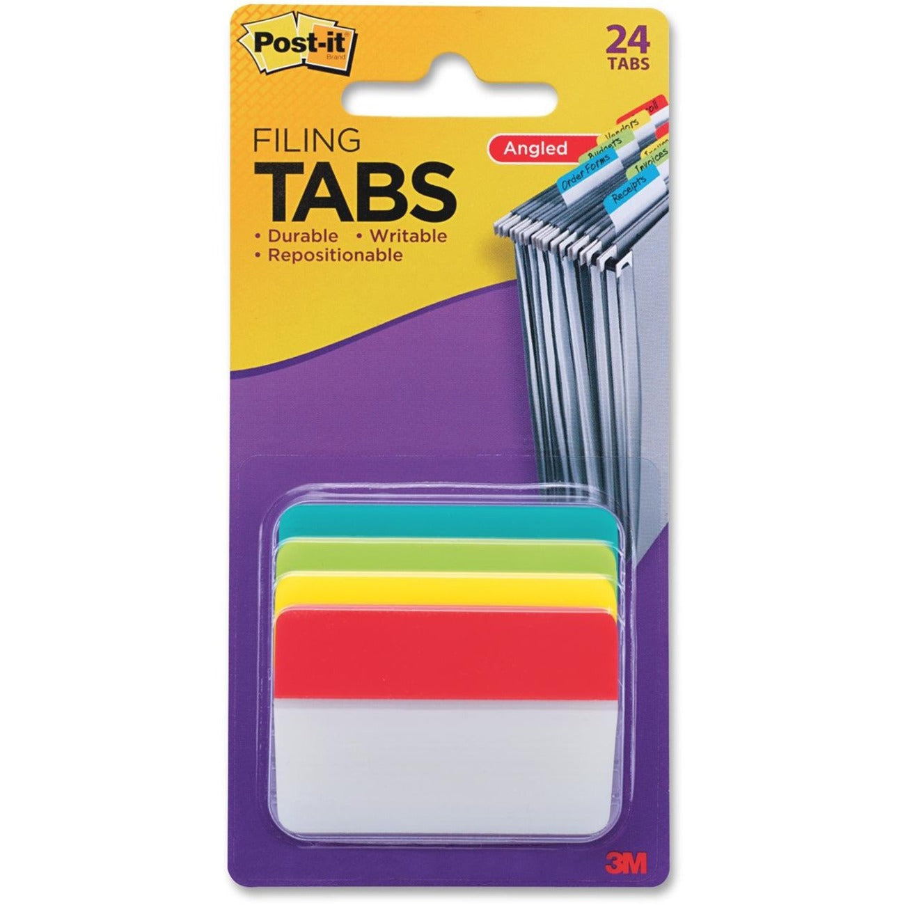 Post-it® Solid Colors Angled Filing Tabs - Write-on Tab(s) - 2" Tab Height x 1.50" Tab Width - Assorted Tab(s) - Durable, Tear Resistant, Wear Resistant, Reusable - 24 / Pack