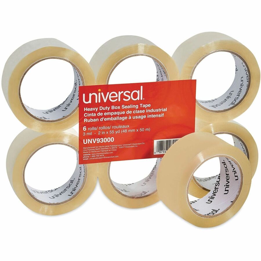 Universal Heavy-Duty Box Sealing Tape, 3" Core, 1.88" x 54.6 yds, Clear, 6/Pack - 54.60 yd Length x 1.88" Width x 3 mil Thickness - 3" Core - Clear - Resin - Plastic Backing - 6 / Pack