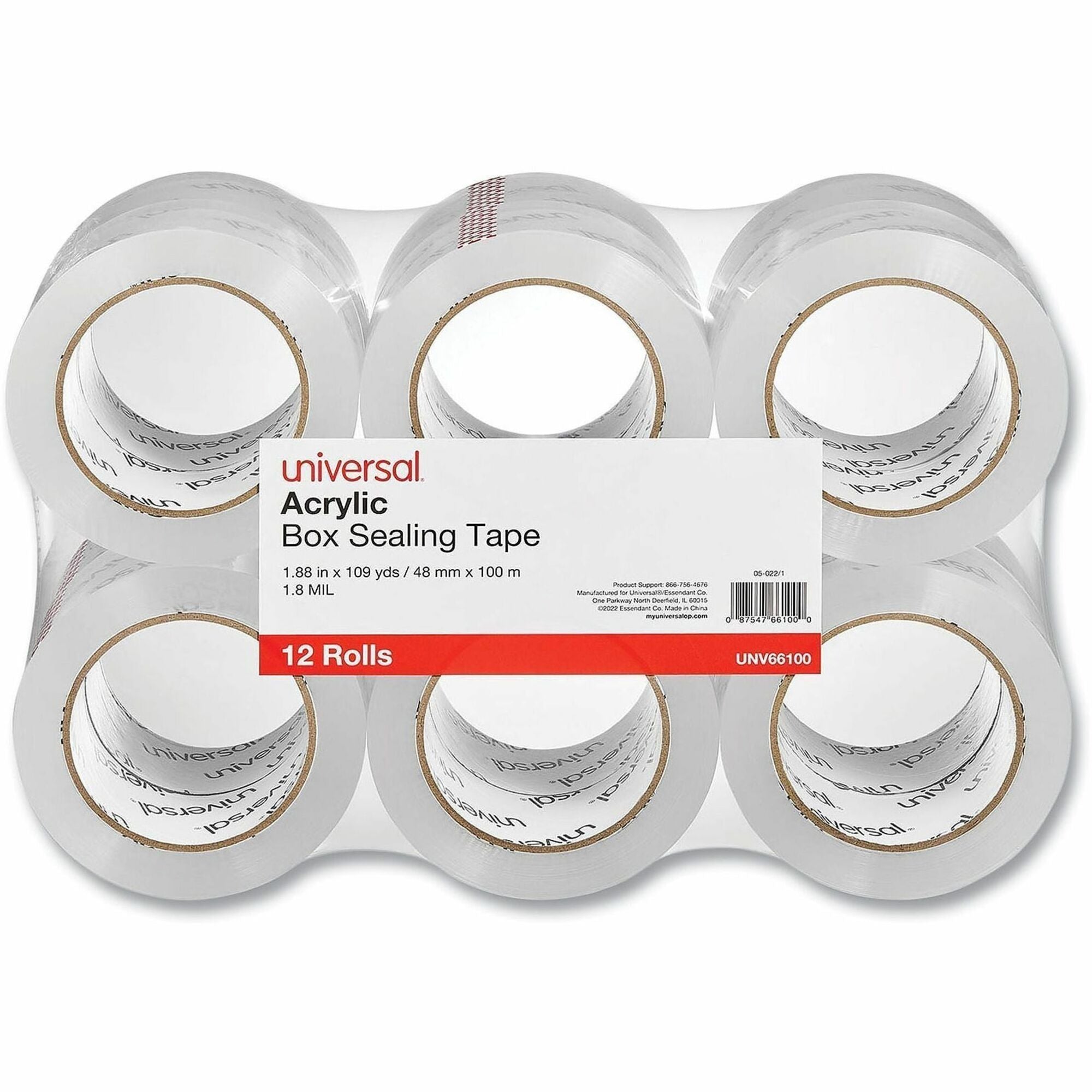 Universal Packaging Tape - 109 yd Length x 1.88" Width x 1.7 mil Thickness - 3" Core - Clear - Acrylic - Plastic Backing - 12 / Pack