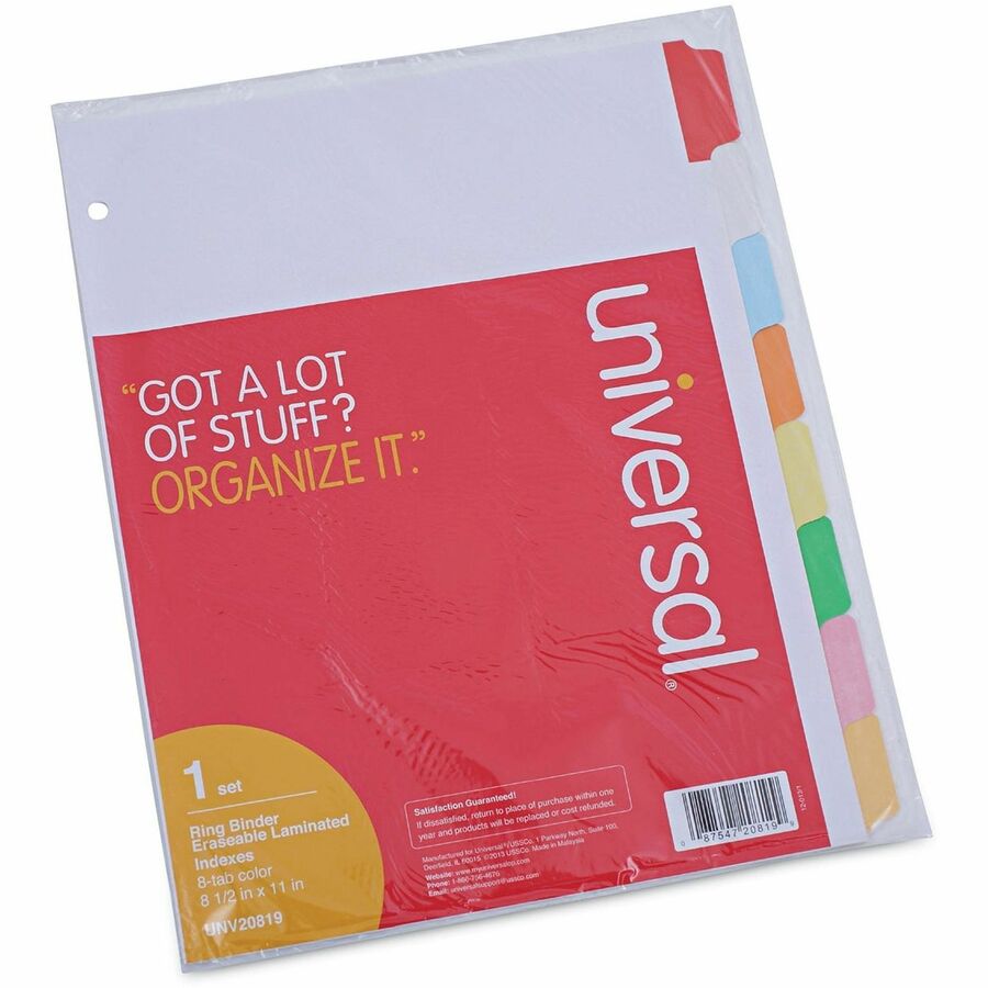 Universal Deluxe Write-On/Erasable Tab Index, 8-Tab, 11 x 8.5, White, Assorted Tabs, 1 Set - 8 Write-on Side Tab(s) - Letter - 8.50" Width x 11" Length - 3 Hole Punched - White Paper Divider - Assorted Paper Tab(s) - Customizable, Double-sided, Reinfor...
