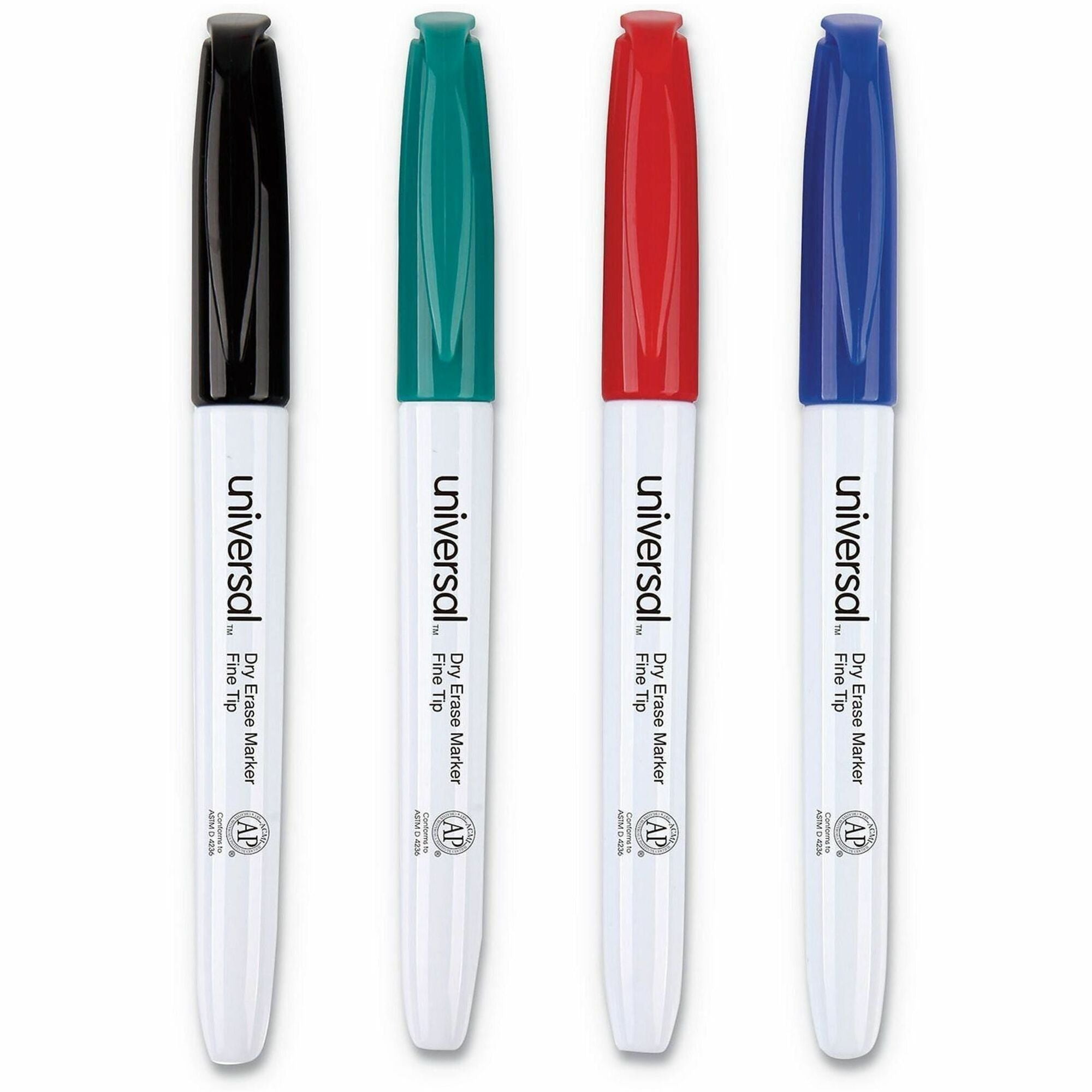 Universal Pen Style Dry Erase Marker, Fine Bullet Tip, Assorted Colors, 4/Set - Fine Bullet, Fine Marker Point - Assorted Ink - Dry - Black, Blue, Green, Red Barrel - General Purpose - 4 / Set