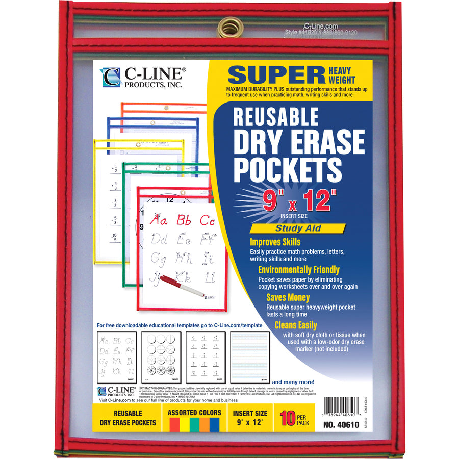 C-Line Reusable Dry Erase Pockets, Assorted Primary Colors, 9 x 12, 10/PK - Red, Orange, Yellow, Green, Blue Frame - Rectangle - Reusable, Heavyweight, Easy to Clean, Eyelet - 10 / Pack