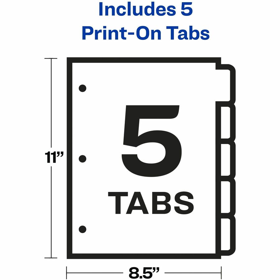 Avery® Customizable Print-On(TM) Dividers, 5-Tab Set (11511) - 5 x Divider(s) - Print-on Tab(s) - 5 - 5 Tab(s)/Set - 8.5" Divider Width x 11" Divider Length - 3 Hole Punched - White Paper Divider - White Paper Tab(s) - 20% - Printable, Hole-punched...
