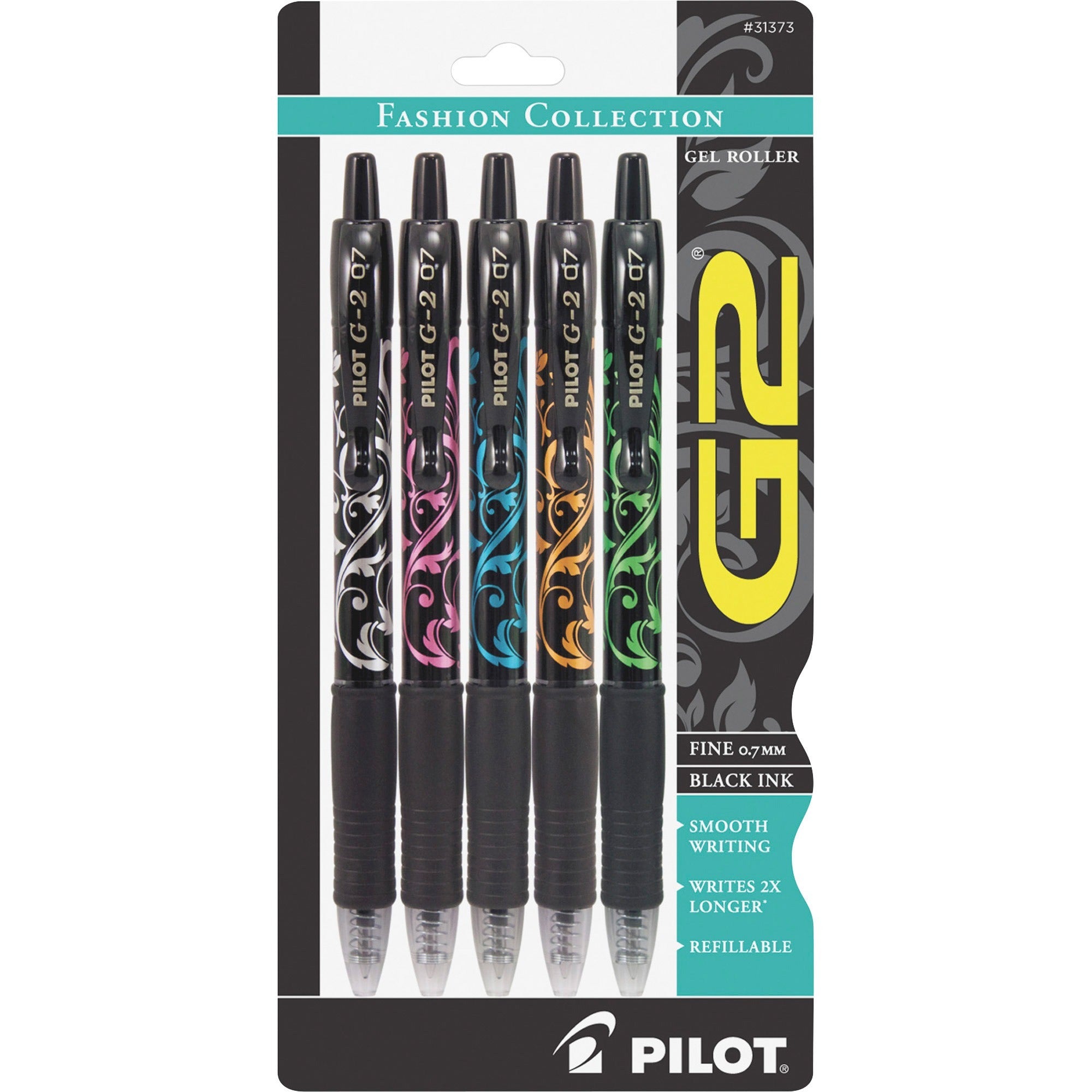 G2 G2 Fashion Collection Gel Roller Pens - 0.7 mm Fine Pen Point - Refillable - Retractable - Black Ink - Gel-based - Silver, Pink, Blue, Orange, Green Barrel - 5 / Pack