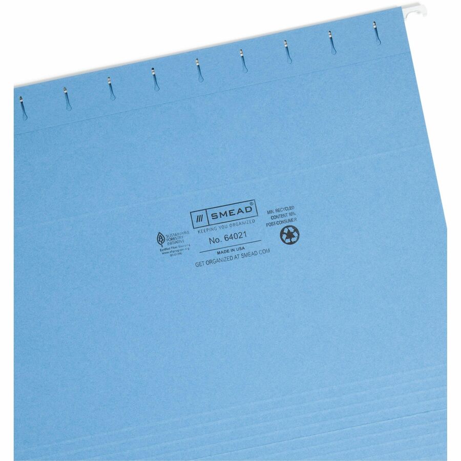 Smead 1/3 Tab Cut Letter Recycled Hanging Folder - 8 1/2" x 11" - Top Tab Location - Assorted Tab Position - 11 pt. - Poly - Blue - 10% Paper Recycled - 25 / Box