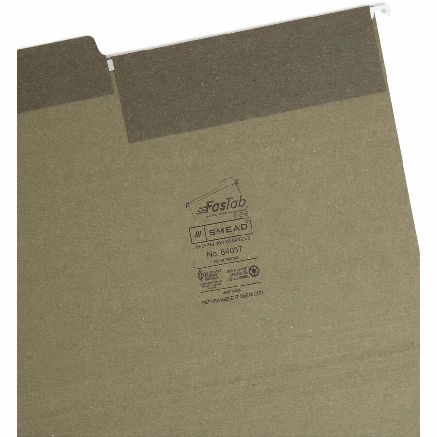 Smead FasTab 1/3 Tab Cut Letter Recycled Hanging Folder - 8 1/2" x 11" - Top Tab Location - Assorted Tab Position - 11 pt. - Standard Green - Reinforced Tab - 100% Paper Recycled - 20 / Box
