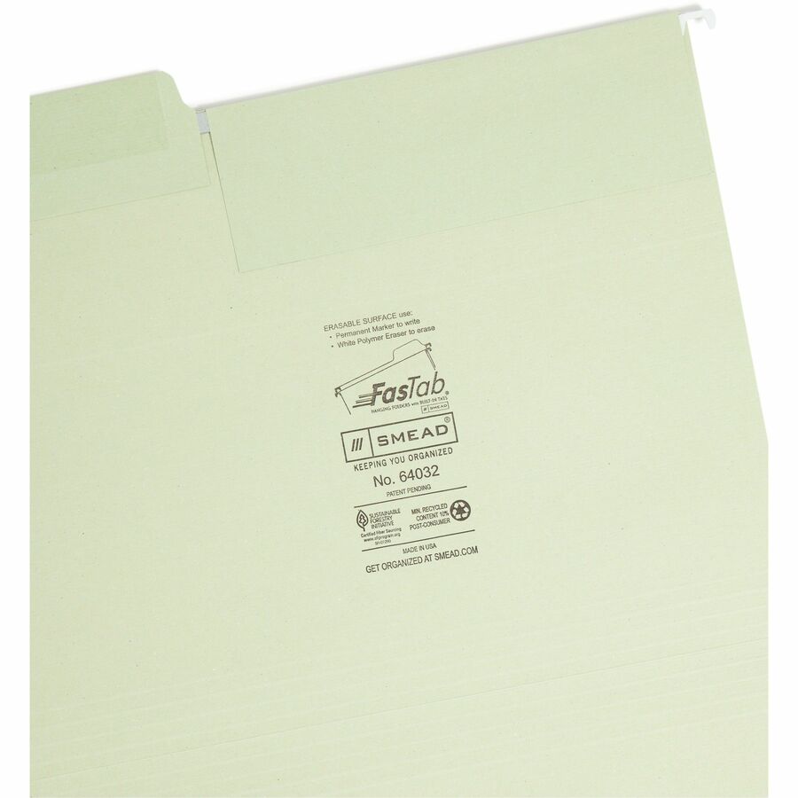 Smead FasTab 1/3 Tab Cut Letter Recycled Hanging Folder - 8 1/2" x 11" - Top Tab Location - Assorted Tab Position - 2 Plys - Moss - 10% Recycled - 20 / Box