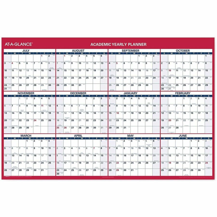 At-A-Glance Erasable Two-sided Wall Calendar - Julian Dates - Yearly - July 2025 to June 2026 - 48" x 32" Sheet Size - 1.63" x 1.63" , 1.25" x 1.88" Block - Red, White, Blue - 32" Height x 48" Width - Erasable, Reversible, Write on/Wipe off - 1 Each