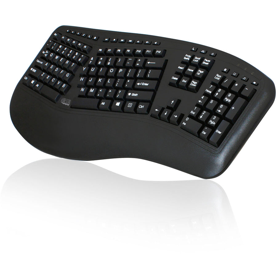 Adesso Wireless Ergonomic Keyboard and Laser Mouse - USB Membrane Wireless RF 2.40 GHz Keyboard - 105 Key - English (US) - Black - USB Wireless RF Mouse - Laser - 1600 dpi - Scroll Wheel - Black - Play/Pause, Previous Track, Next Track, Volume Up, Volu...