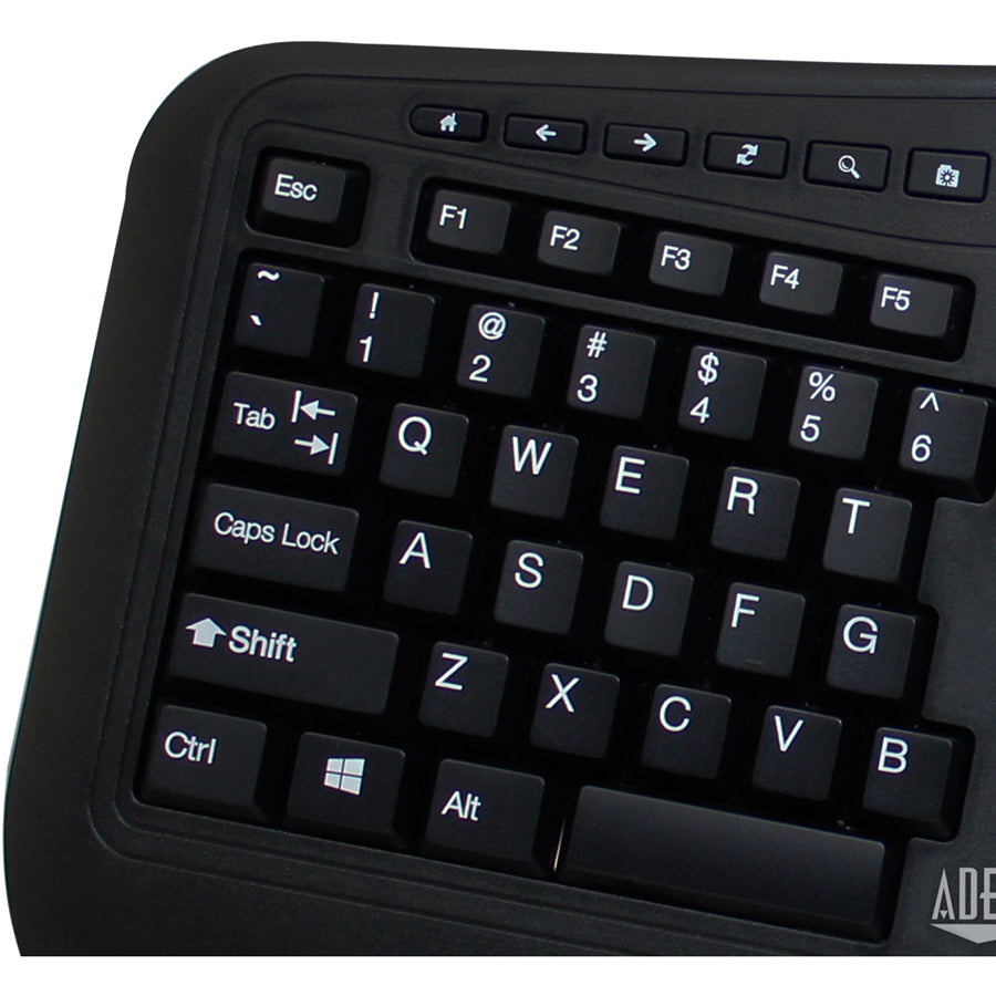 Adesso Wireless Ergonomic Keyboard and Laser Mouse - USB Membrane Wireless RF 2.40 GHz Keyboard - 105 Key - English (US) - Black - USB Wireless RF Mouse - Laser - 1600 dpi - Scroll Wheel - Black - Play/Pause, Previous Track, Next Track, Volume Up, Volu...