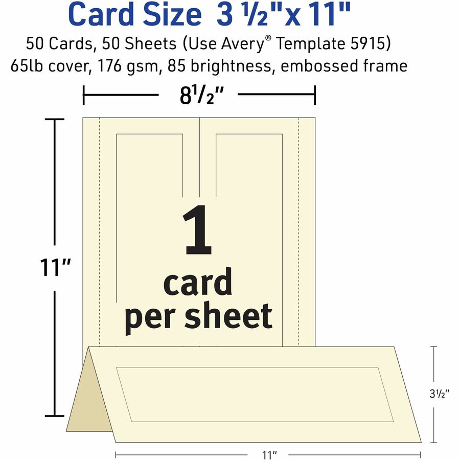 Avery® Tent Cards, 3.5" x 11" , Embossed Border, 50 Cards (5915) - 79 Brightness - 3 1/2" x 11" - 65 lb Basis Weight - 176 g/m² Grammage - Embossed, Foldable, Perforated, Heavyweight, Printable, Smooth Edge, Pre-scored, Double-sided, Uncoated ...