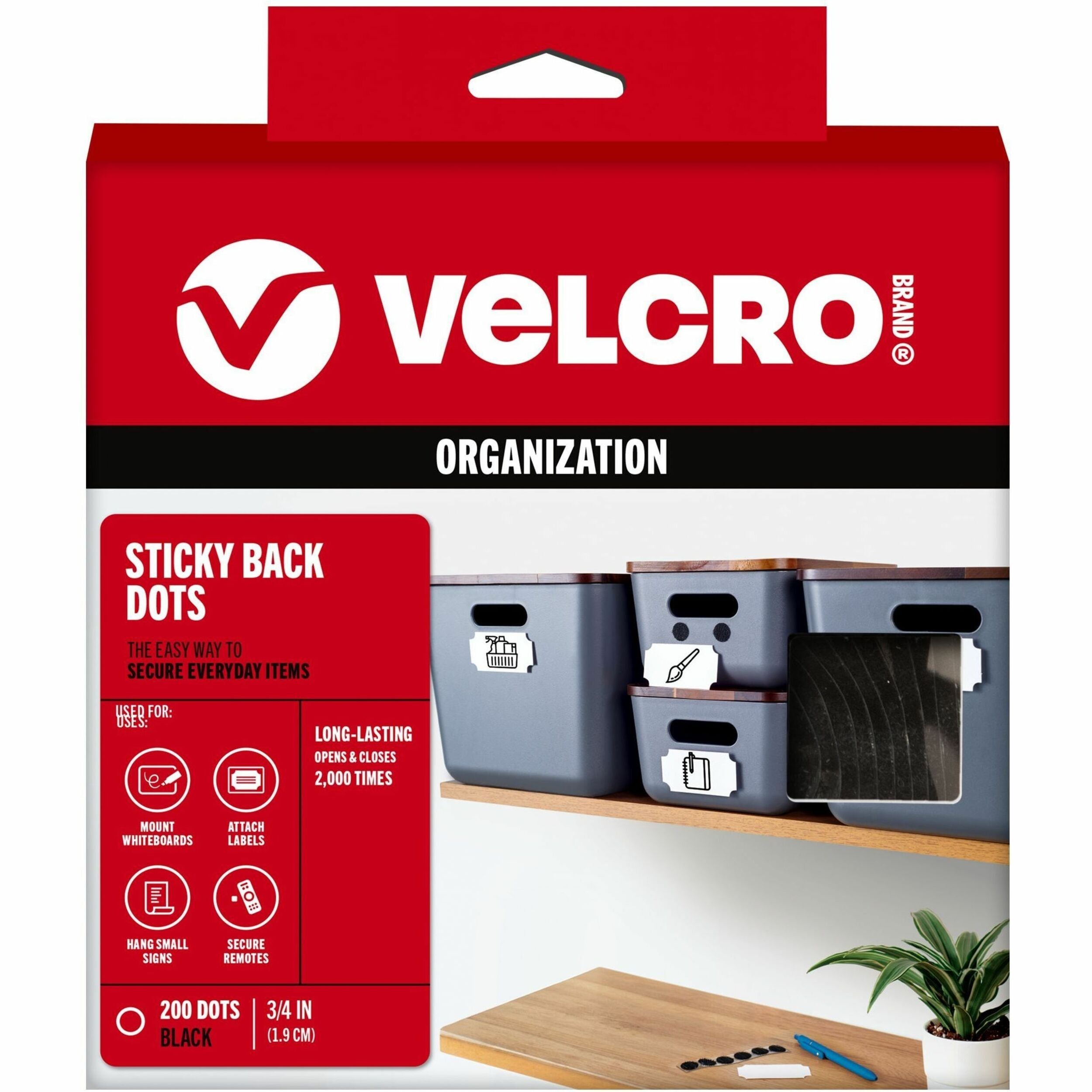 VELCRO® Sticky Back 3/4in Circles Black 200 ct - 0.75" Diameter - Black - For Sign, Poster, Wall, Plastic, Glass, Tile, School, Home - 200 / Carton