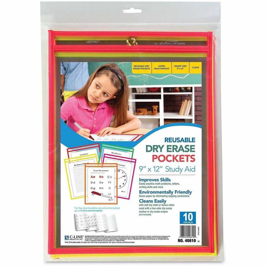 C-Line Reusable Dry Erase Pockets, Assorted, 9 x 12, 10/PK - Neon Red, Neon Orange, Neon Yellow, Neon Green, Neon Pink Frame - Rectangle - Reusable, Heavyweight, Easy to Clean, Eyelet - 10 / Pack