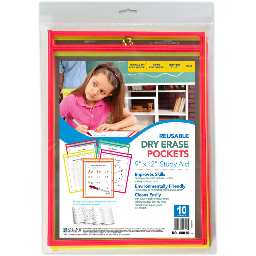 C-Line Reusable Dry Erase Pockets, Assorted, 9 x 12, 10/PK - Neon Red, Neon Orange, Neon Yellow, Neon Green, Neon Pink Frame - Rectangle - Reusable, Heavyweight, Easy to Clean, Eyelet - 10 / Pack