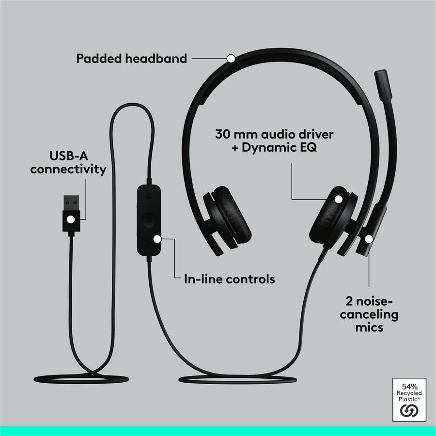Logitech USB Headset Stereo H570e - Stereo - USB - Wired - 31.50 Hz to 20 kHz - Over-the-head - Binaural - Supra-aural - Noise Cancelling, Electret Microphone - Black