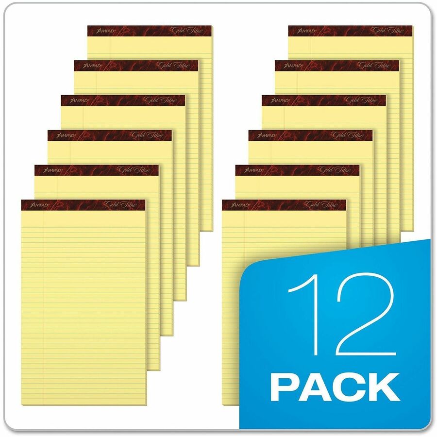 TOPS Gold Fibre Premium Rule Writing Pads - Legal - 50 Sheets - Watermark - Stapled/Glued - 0.34" Ruled - 16 lb Basis Weight - Legal - 8 1/2" x 14" Sheet Size - Yellow Paper - Bleed-free, Chipboard Backing, Micro Perforated - 1 Dozen