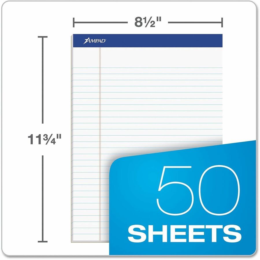 Ampad Legal Ruled Recycled Writing Pads - 50 Sheets - 0.34" Ruled - 15 lb Basis Weight - 8 1/2" x 11 3/4" Sheet Size - Environmentally Friendly, Perforated, Chipboard Backing, Rigid - 12 / Dozen