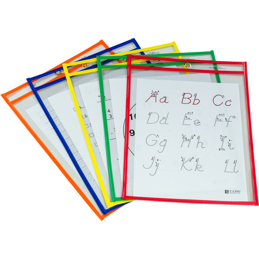 C-Line Reusable Dry Erase Pockets, Assorted Primary Colors, 9 x 12, 5/PK - Red, Orange, Yellow, Green, Blue Frame - Rectangle - Reusable, Heavyweight, Easy to Clean, Eyelet - 10 / Set