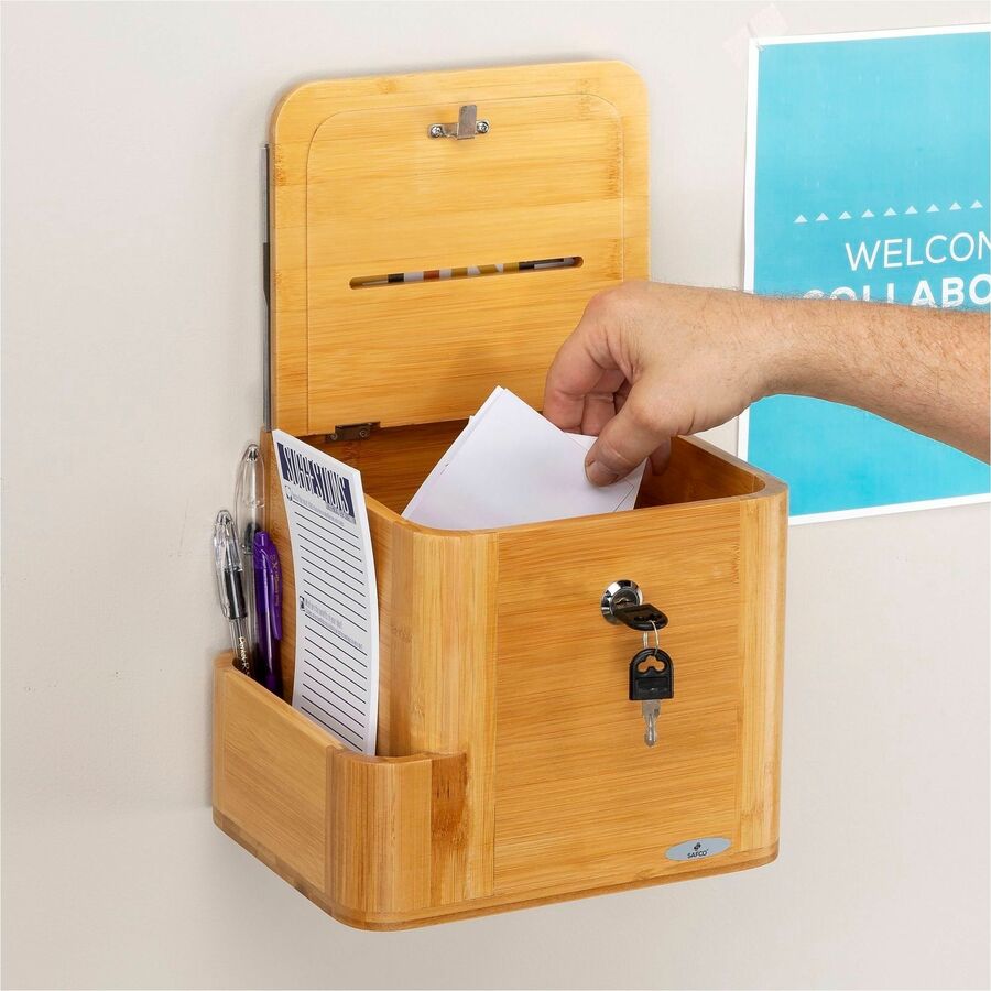 Safco Bamboo Suggestion Box - External Dimensions: 10" Width x 8" Depth x 14" Height - Media Size Supported: 8.50" x 5.50" - 25 x Quick Box - Key Lock Closure - Bamboo - Natural - For Suggestion Card, Deposit Slip, Paper - 1 Each