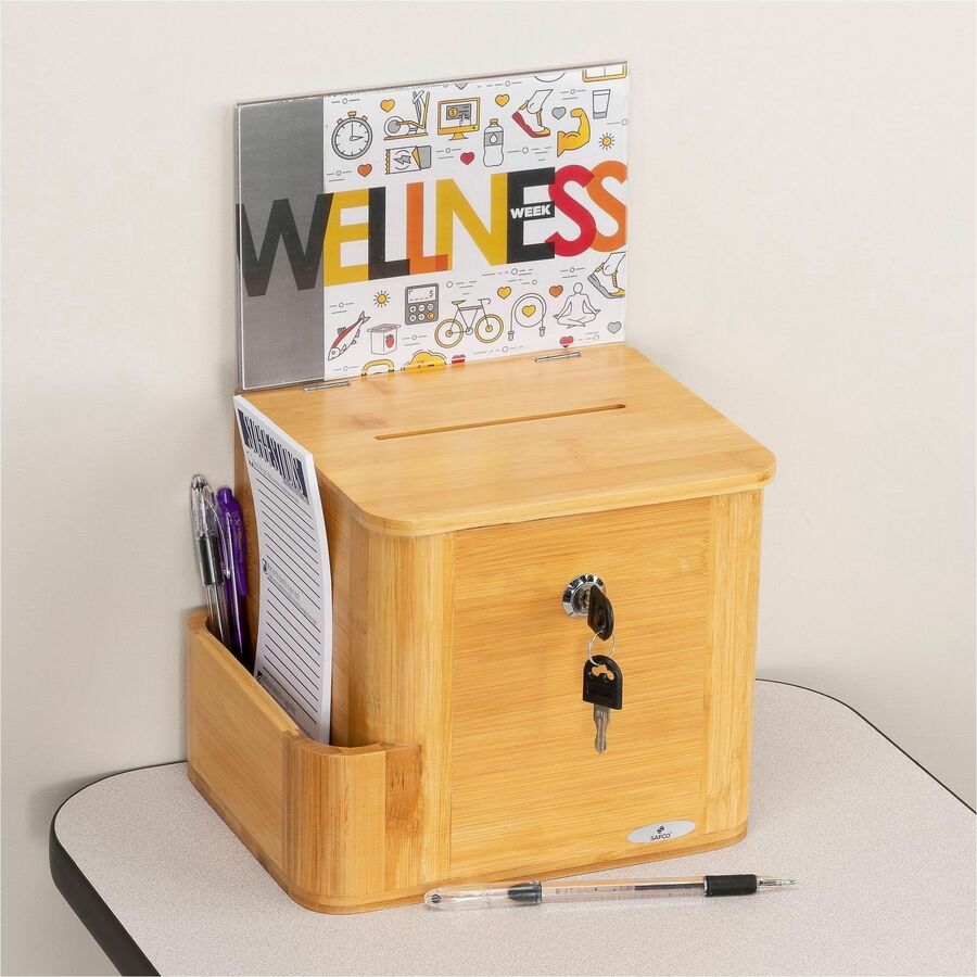 Safco Bamboo Suggestion Box - External Dimensions: 10" Width x 8" Depth x 14" Height - Media Size Supported: 8.50" x 5.50" - 25 x Quick Box - Key Lock Closure - Bamboo - Natural - For Suggestion Card, Deposit Slip, Paper - 1 Each