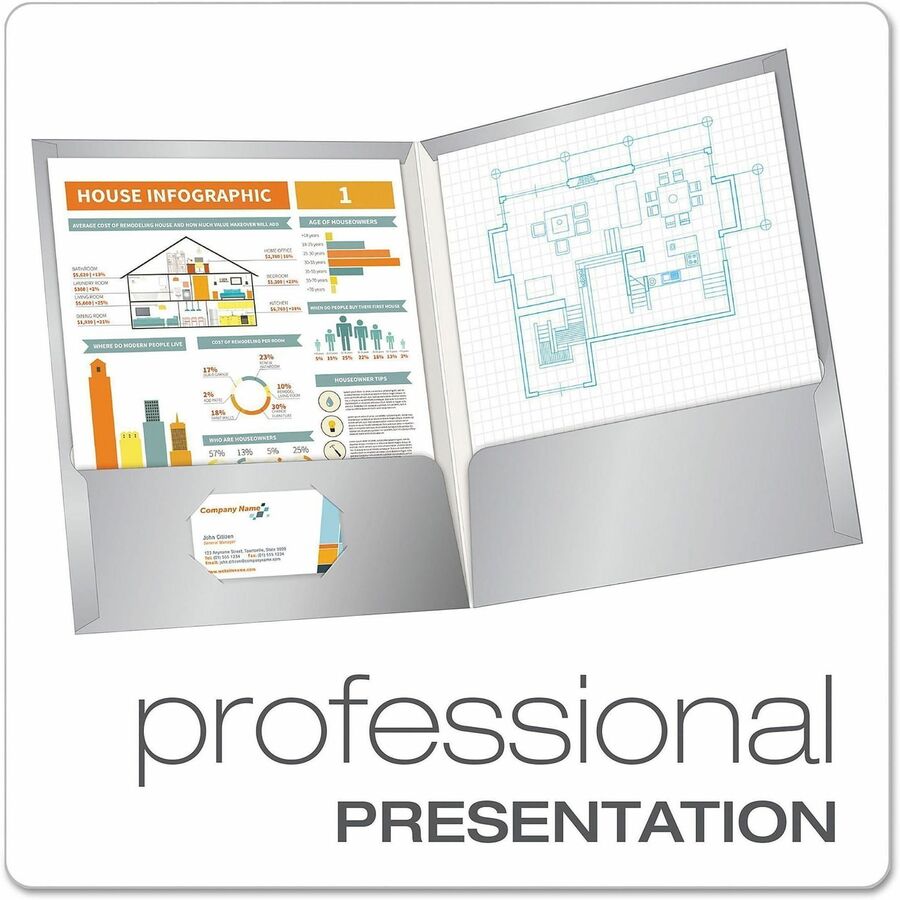 Oxford Showfolio Letter Pocket Folder - 8 1/2" x 11" - 100 Sheets Capacity - 2 Internal Pocket(s) - Gray - Die-cut, High Gloss, Laminated, CD Holder, Soil Resistant, Moisture Resistant - 25 / Box
