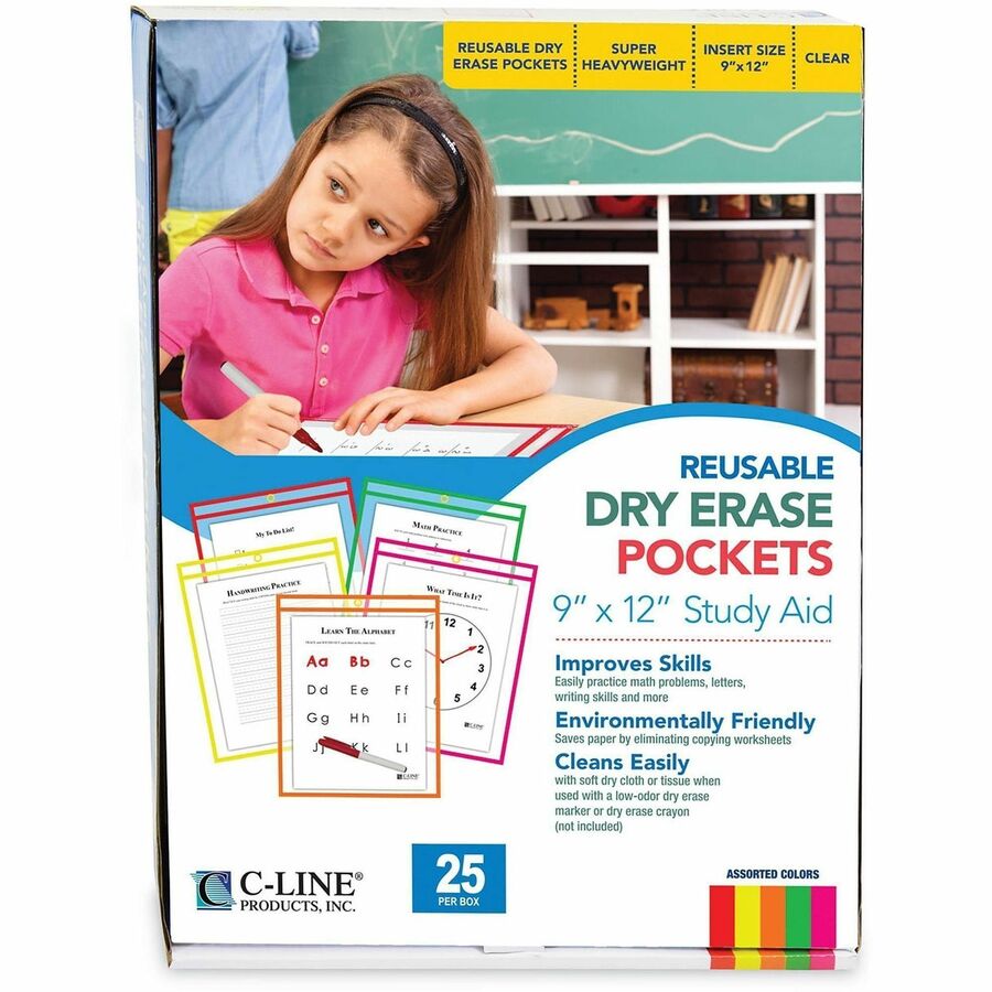 C-Line Reusable Dry Erase Pockets, Assorted, 9 x 12, 25/BX - Neon Red, Neon Orange, Neon Yellow, Neon Green, Neon Pink Frame - Rectangle - Reusable, Heavyweight, Eyelet, Easy to Clean - 25 / Box