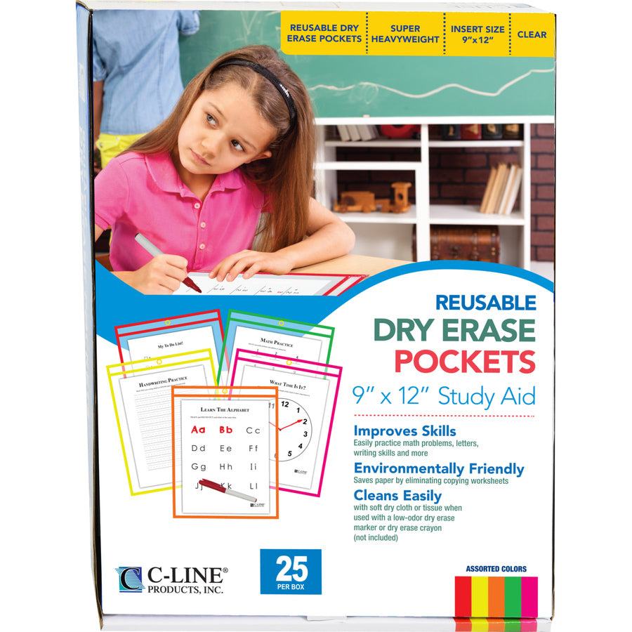 C-Line Reusable Dry Erase Pockets, Assorted, 9 x 12, 25/BX - Neon Red, Neon Orange, Neon Yellow, Neon Green, Neon Pink Frame - Rectangle - Reusable, Heavyweight, Eyelet, Easy to Clean - 25 / Box
