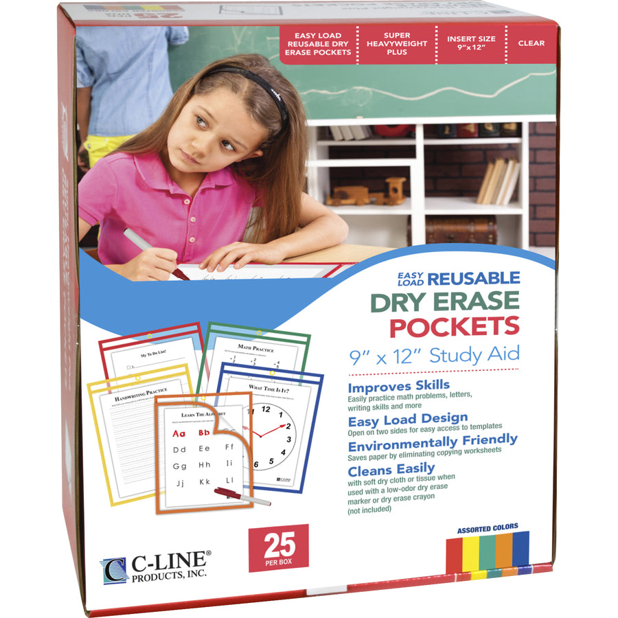 C-Line Super Heavyweight Plus Reusable Dry Erase Pockets - Red, Orange, Yellow, Green, Blue Frame - Rectangle - Reusable, Heavyweight, Sturdy, Easy to Clean, Eyelet - 25 / Box