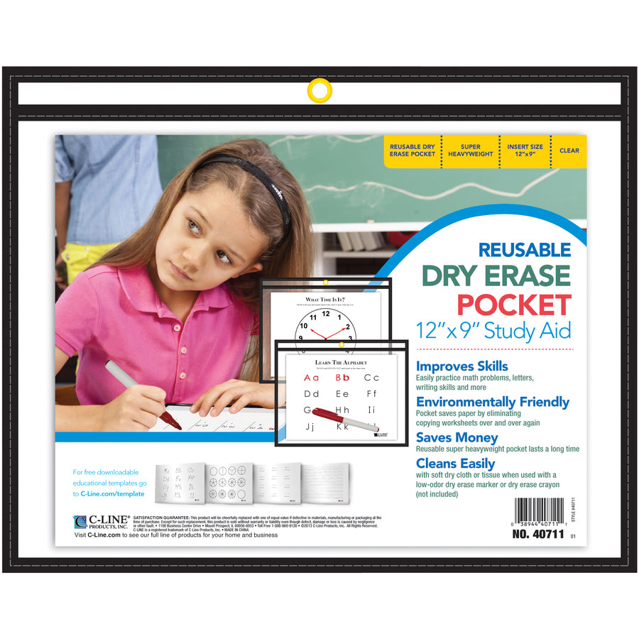C-Line Horizontal Reusable Dry Erase Pocket, Black, 12 x 9, 1/EA - Black Frame - Rectangle - Heavyweight, Reusable - 1 / Each