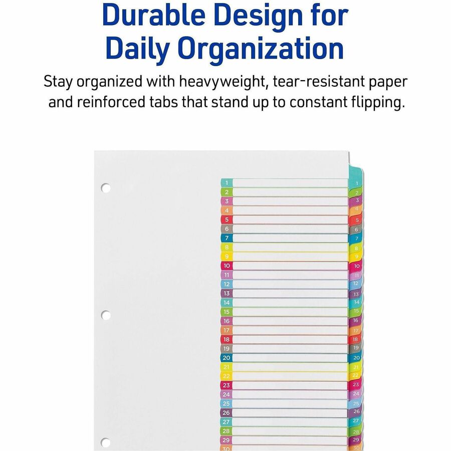Avery 1-31 Dividers, 31 Tabs, Ready Index, Arched Tabs (11846) - 31 x Divider(s) - 31 Tab(s) - Digit - 1-31 - 31 Tab(s)/Set - 8.5" Divider Width x 11" Divider Length - 3 Hole Punched - White Paper Divider - Multicolor Paper Tab(s) - Hole-punched, Print...