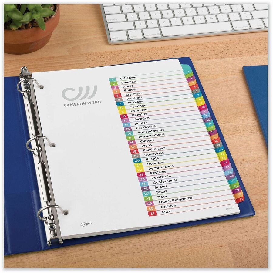 Avery 1-31 Dividers, 31 Tabs, Ready Index, Arched Tabs (11846) - 31 x Divider(s) - 31 Tab(s) - Digit - 1-31 - 31 Tab(s)/Set - 8.5" Divider Width x 11" Divider Length - 3 Hole Punched - White Paper Divider - Multicolor Paper Tab(s) - Hole-punched, Print...