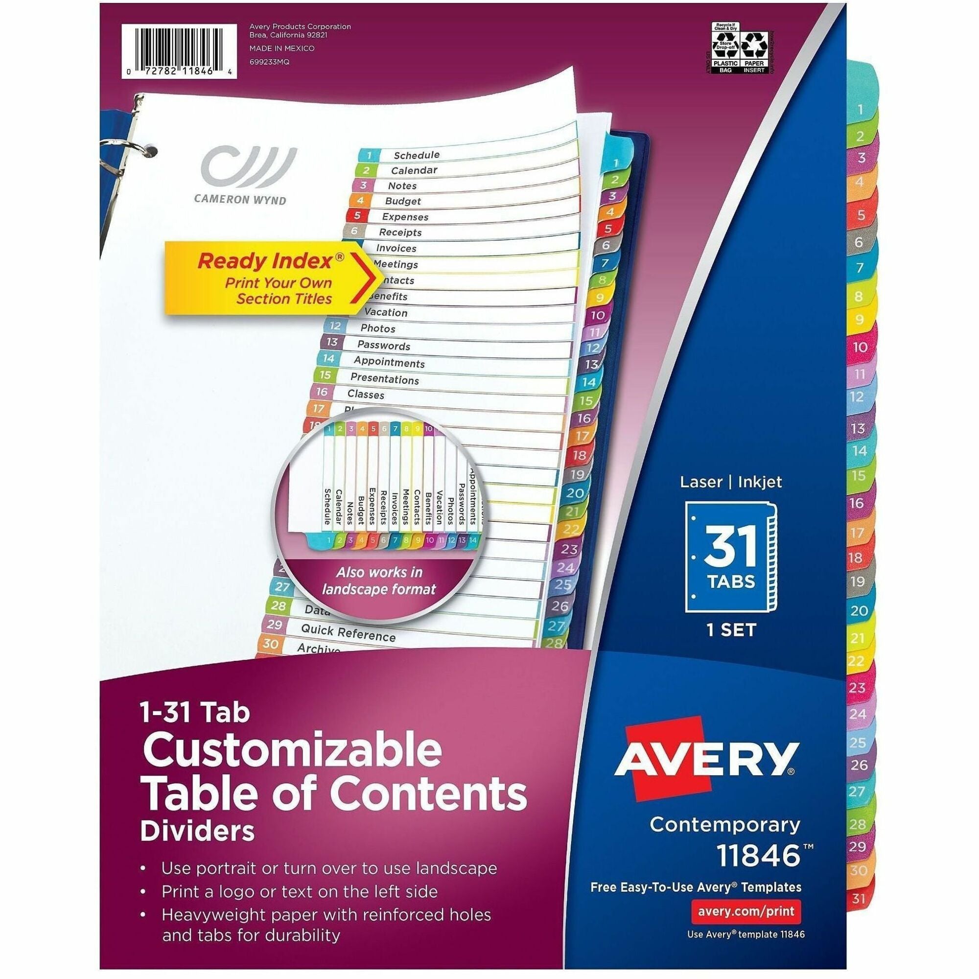 Avery 1-31 Dividers, 31 Tabs, Ready Index, Arched Tabs (11846) - 31 x Divider(s) - 31 Tab(s) - Digit - 1-31 - 31 Tab(s)/Set - 8.5" Divider Width x 11" Divider Length - 3 Hole Punched - White Paper Divider - Multicolor Paper Tab(s) - Hole-punched, Print...