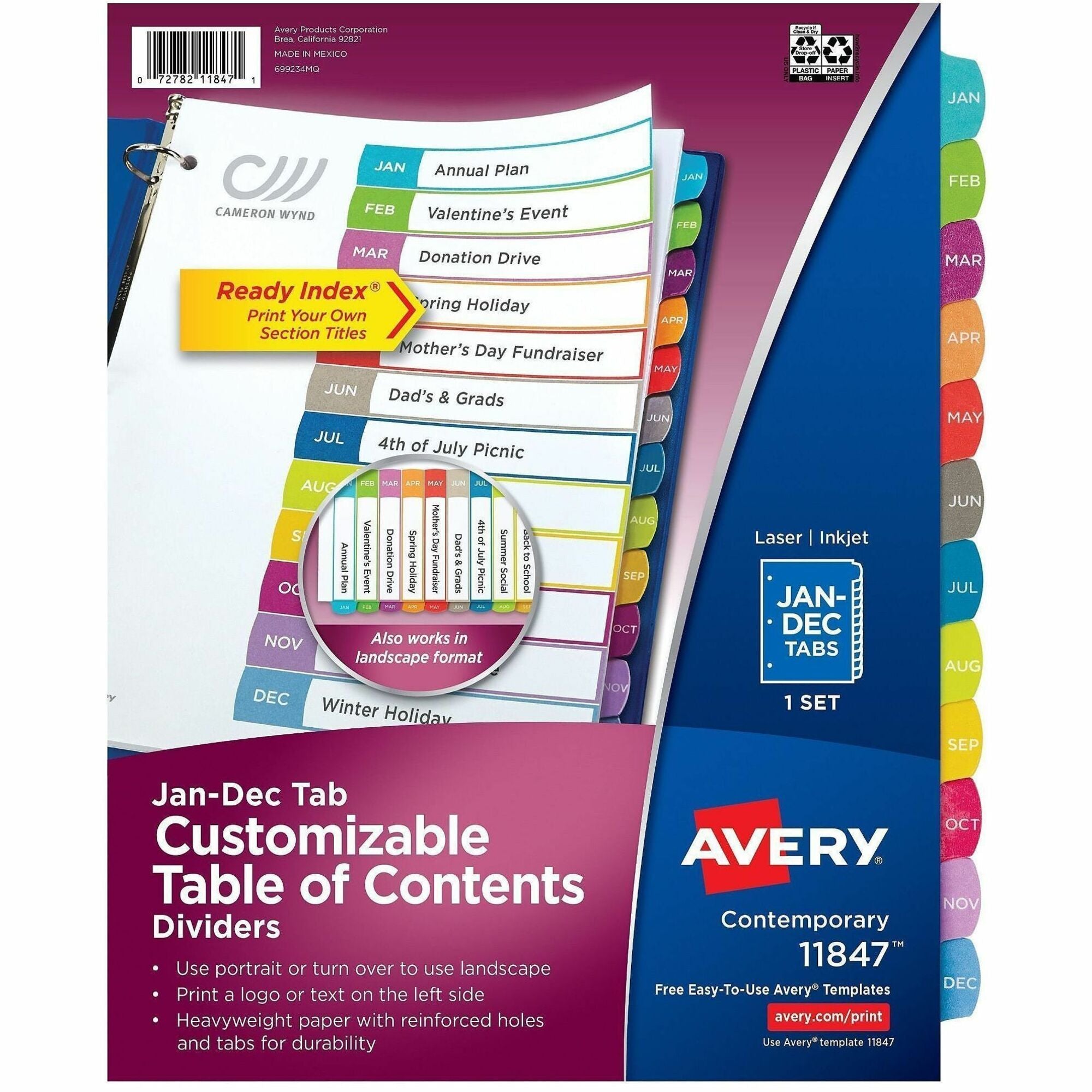 Avery Jan-Dec Dividers, 12 Tabs, Ready Index, Arched Tabs (11847) - 12 x Divider(s) - 12 Tab(s) - Month - Jan-Dec - 12 Tab(s)/Set - 8.5" Divider Width x 11" Divider Length - 3 Hole Punched - White Paper Divider - Multicolor Paper Tab(s) - 20% - Hole-pu...