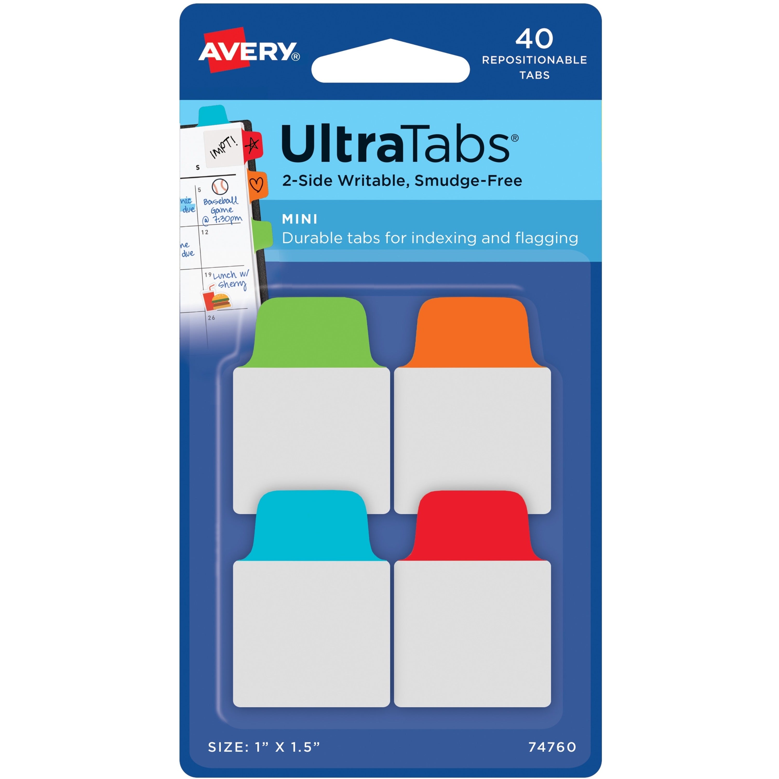 Avery® Ultra Tabs File Tab - 40 Write-on Tab(s) - 1.50" Tab Height x 1" Tab Width - Clear Film, Red Paper, Blue, Orange, Green Tab(s)