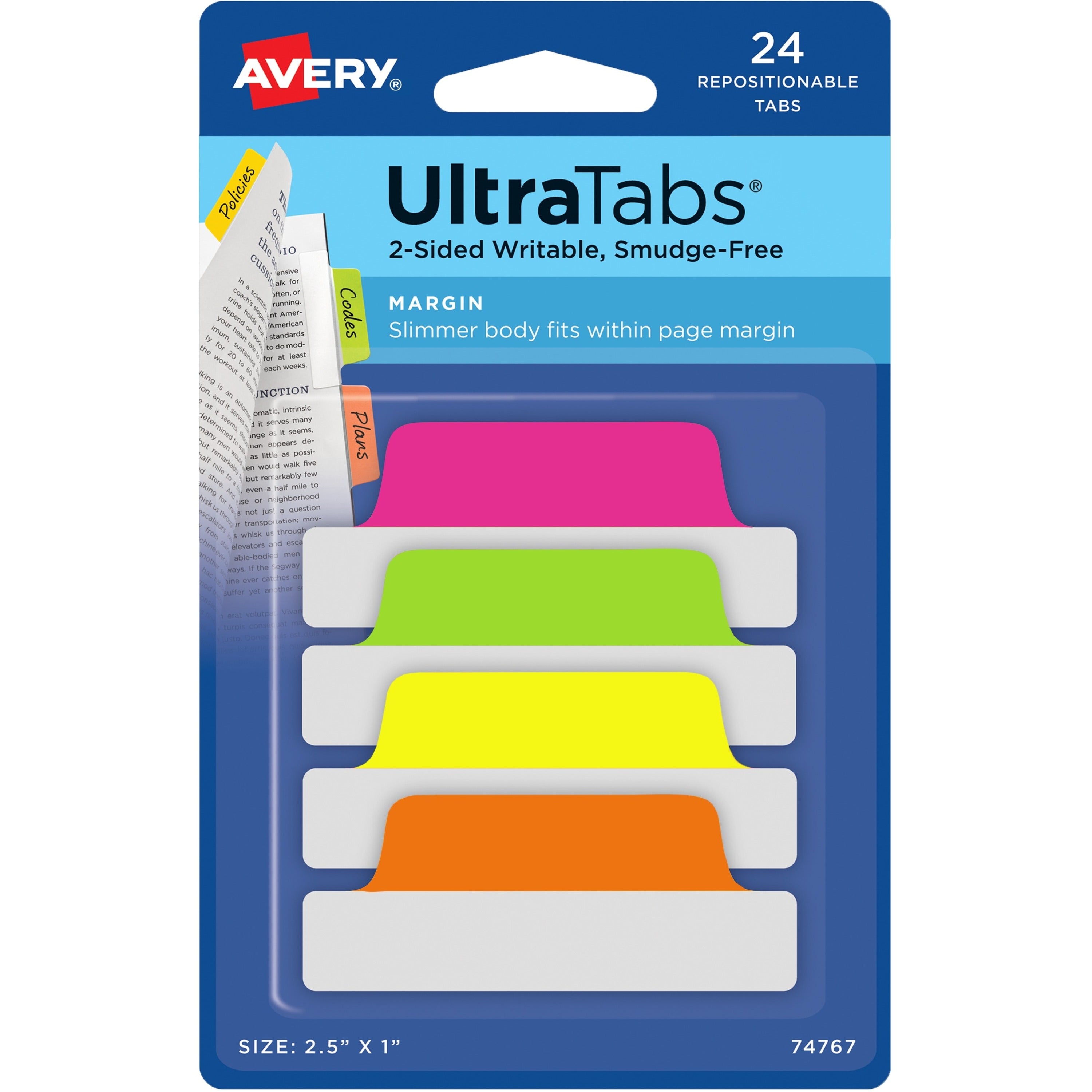 Avery® Ultra Tabs File Tab - 24 Write-on Tab(s) - 1" Tab Height x 2.50" Tab Width - Clear Film, Neon Pink Paper, Neon Yellow, Neon Green, Neon Orange Tab(s) - PVC-free, Nonperforated, Smudge Resistant, Double-sided, Writable, Reusable, Repositionab...