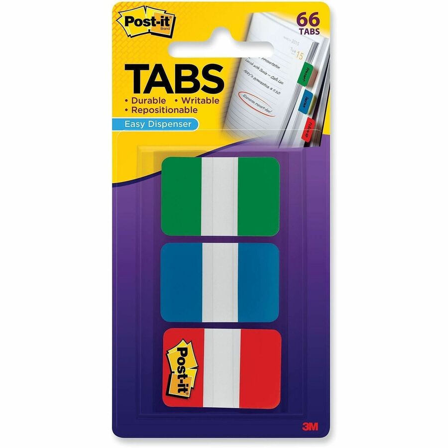 Post-it® Filing Tabs - 1" Tab Height x 1.50" Tab Width - Green, Blue, Red Tab(s) - Removable, Durable, Repositionable, Customizable, Wear Resistant, Tear Resistant - 66 / Pack