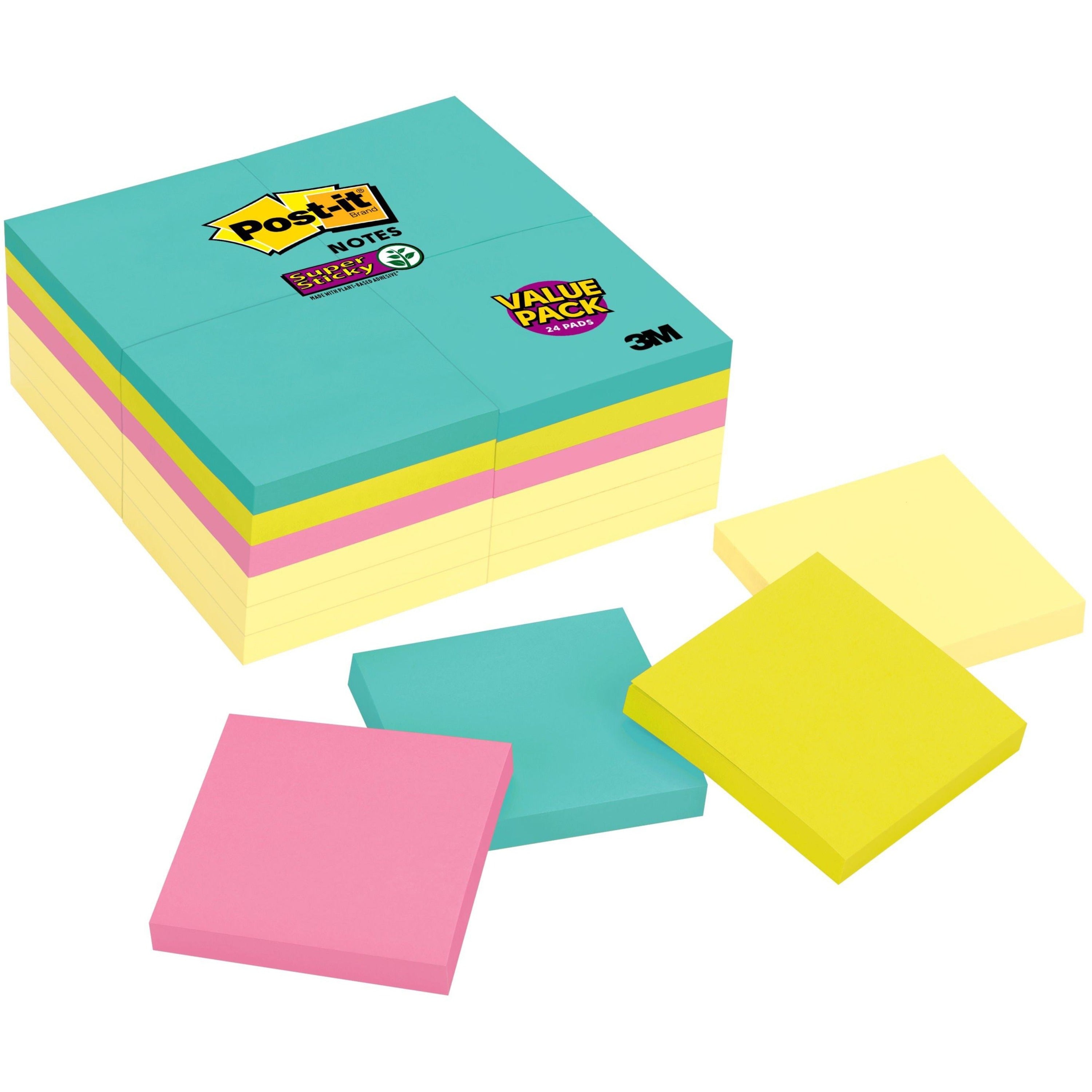 Post-it® Super Sticky Notes - Supernova Neons Color Collection - 2160 x Multicolor - 3" Flag/Note Width x 3" Flag/Note Length - Rectangle - 90 Sheets per Pad - Aqua Splash, Tropical Pink, Acid Lime, Canary Yellow - Paper - Self-adhesive, Recyclable...