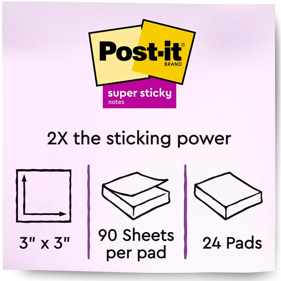 Post-it® Super Sticky Notes - Supernova Neons Color Collection - 2160 x Multicolor - 3" Flag/Note Width x 3" Flag/Note Length - Rectangle - 90 Sheets per Pad - Aqua Splash, Tropical Pink, Acid Lime, Canary Yellow - Paper - Self-adhesive, Recyclable...