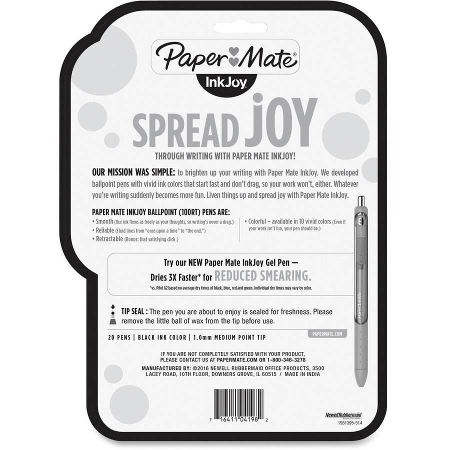 Paper Mate InkJoy 100 RT Pens - 1 mm Medium Pen Point - Retractable - Black Ink - Translucent Barrel - 20 / Pack