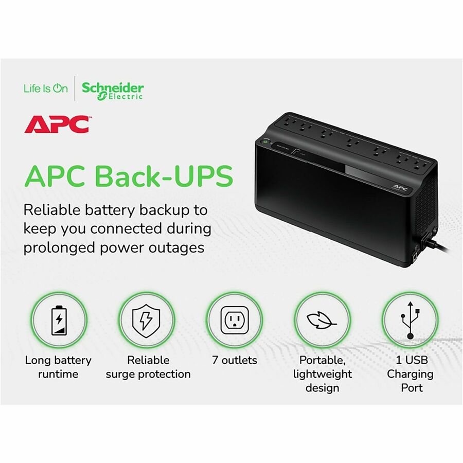 APC by Schneider Electric Back-UPS 600VA Tower UPS - Tower - 10 Hour Recharge - 3.20 Minute Stand-by - 120 V Input - 120 V AC Output - Single Phase - Stepped Approximated Sine Wave - 5 x NEMA 5-15R, 2 x NEMA 5-15R Surge Receptacle(s) - 7 x Battery/Surg...