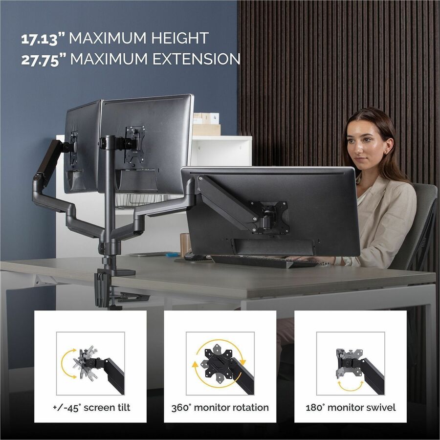 Fellowes Platinum Mounting Arm for Monitor - Black - 3 Display(s) Supported - 90" Screen Support - 60 lb Load Capacity - 1 Each