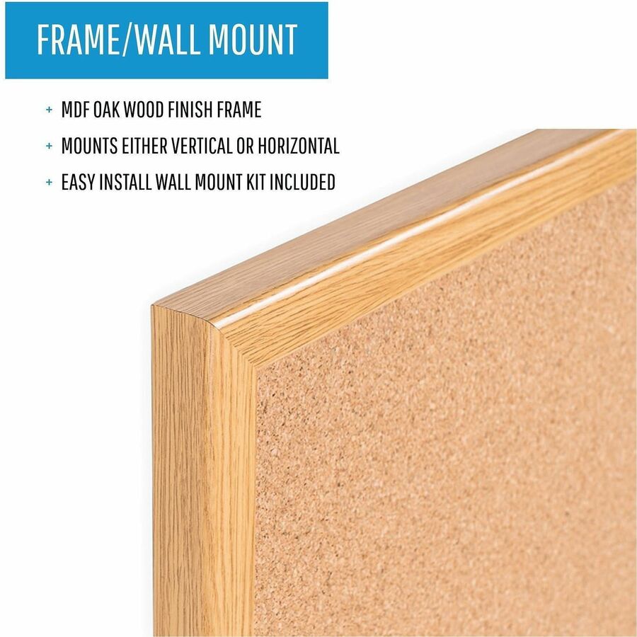 MasterVision Oak Frame 3'x2' Cork Bulletin Board - 24" Board Height x 36" Board Width - Cork Surface - Self-healing - Oak Frame - 1 Each